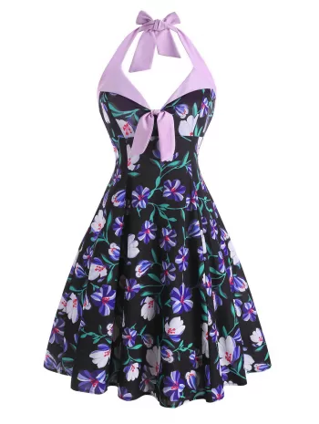 Flower Print Halter Tied Dress