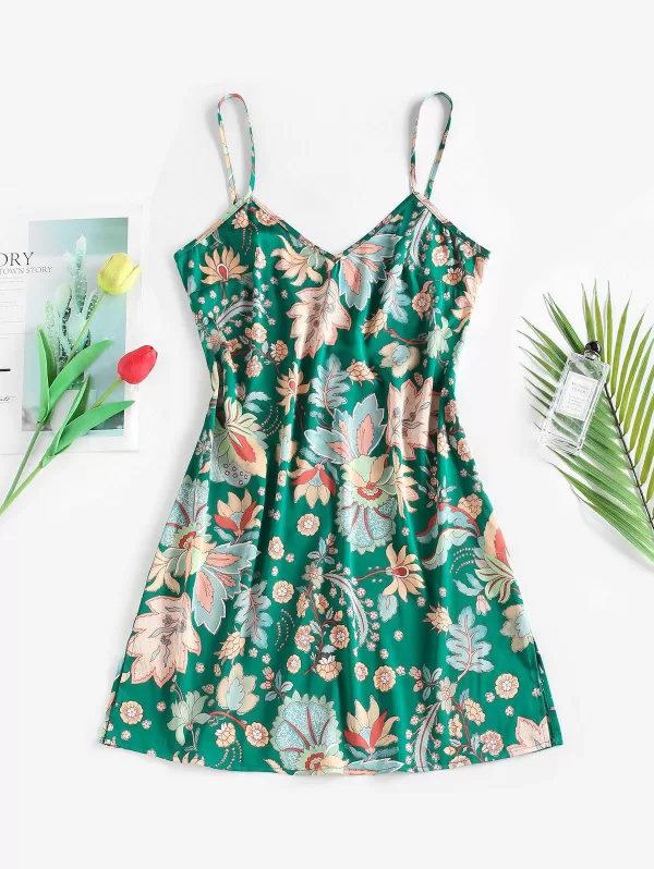 Flower Print Slit Cami Mini Dress