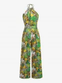 Flower Tropical Leaf Print Halter Wide Leg Jumpsuit