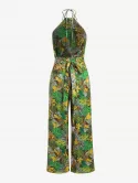 Flower Tropical Leaf Print Halter Wide Leg Jumpsuit