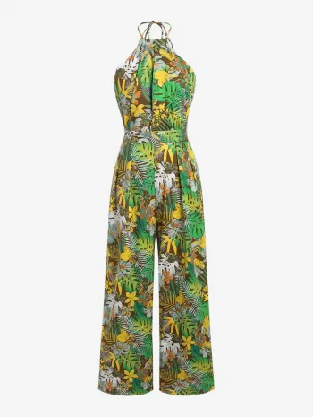 Flower Tropical Leaf Print Halter Wide Leg Jumpsuit