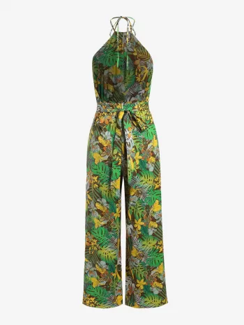 Flower Tropical Leaf Print Halter Wide Leg Jumpsuit