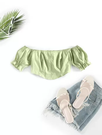 Frilled Puff Sleeve Off Shoulder Crop Blouse