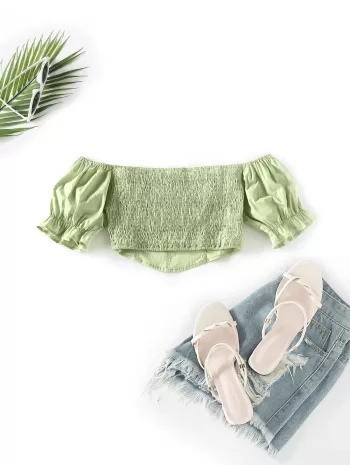 Frilled Puff Sleeve Off Shoulder Crop Blouse