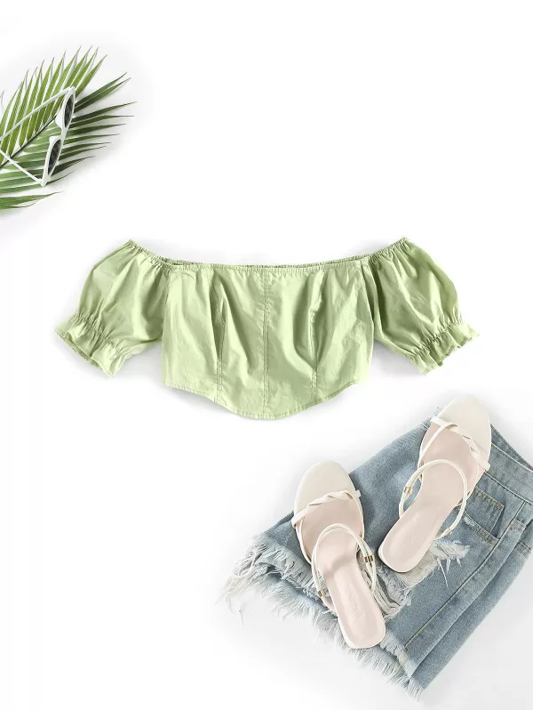 Frilled Puff Sleeve Off Shoulder Crop Blouse