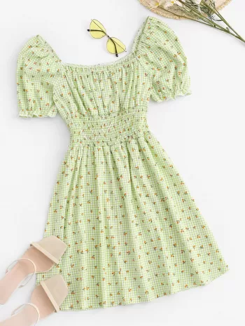 Gingham Fruit Print Puff Sleeve Milkmaid Dress