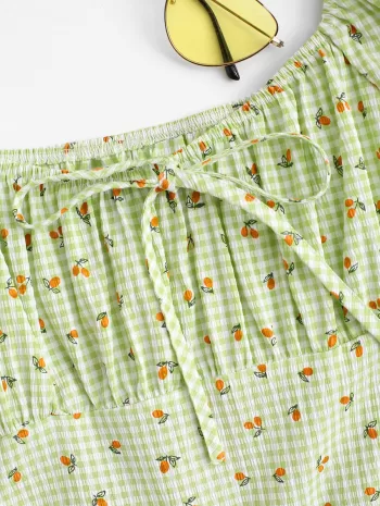 Gingham Fruit Print Puff Sleeve Milkmaid Dress