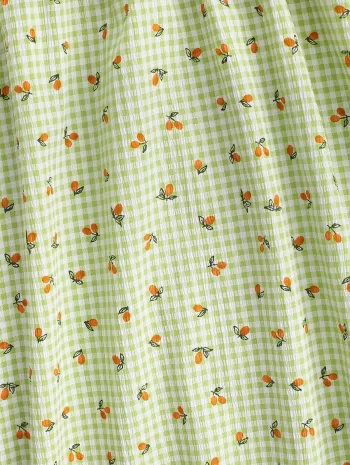 Gingham Fruit Print Puff Sleeve Milkmaid Dress