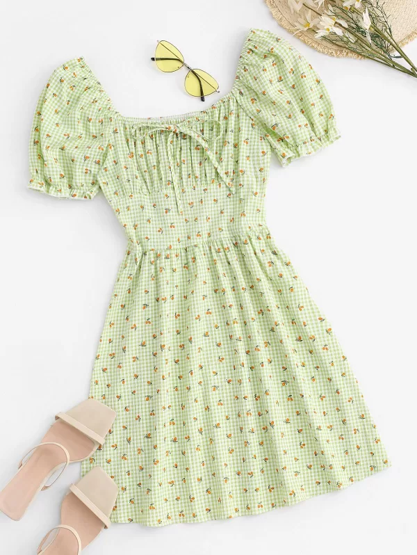 Gingham Fruit Print Puff Sleeve Milkmaid Dress