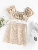 Gingham Puff Sleeve Smocked Two Piece Skirt Set
