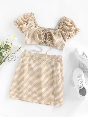 Gingham Puff Sleeve Smocked Two Piece Skirt Set