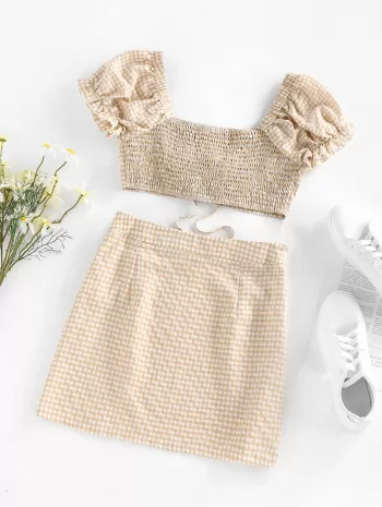 Gingham Puff Sleeve Smocked Two Piece Skirt Set