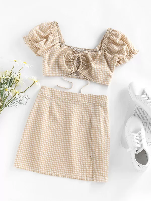 Gingham Puff Sleeve Smocked Two Piece Skirt Set