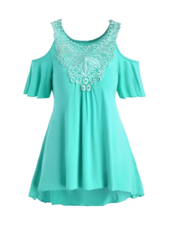 Guipure Panel Open Shoulder Casual T-shirt