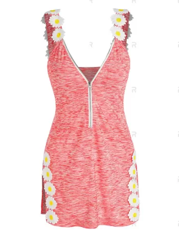 Half Zip Flower Embellished Side Slit Heathered Tank Top