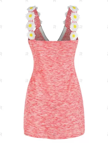 Half Zip Flower Embellished Side Slit Heathered Tank Top