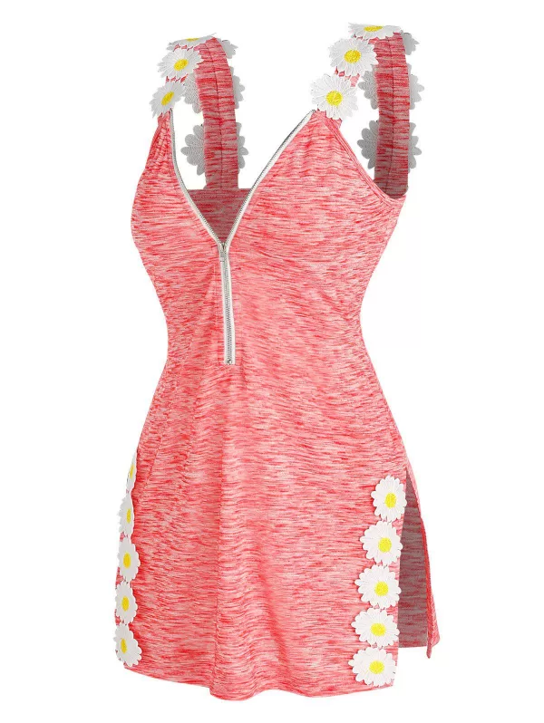 Half Zip Flower Embellished Side Slit Heathered Tank Top