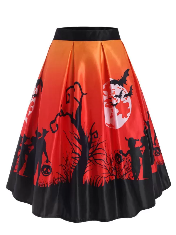 Halloween Bat Moon Print Midi Skirt