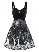 Halloween Pumpkin Print Crisscross Mock Button Cami Dress