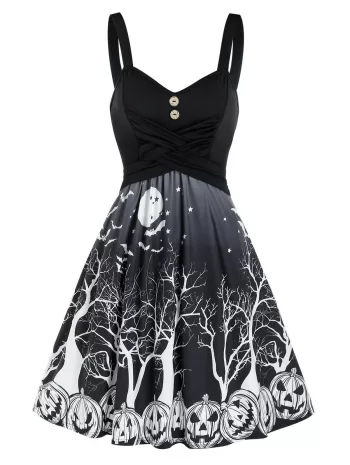 Halloween Pumpkin Print Crisscross Mock Button Cami Dress