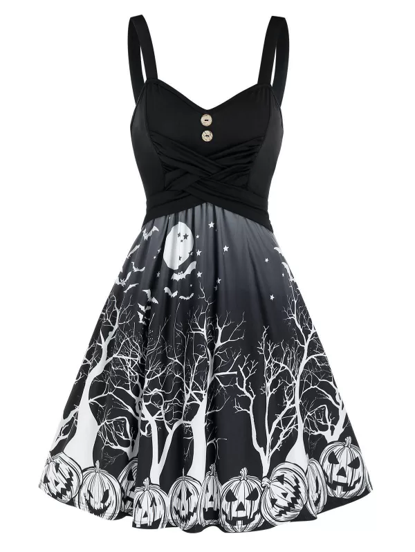 Halloween Pumpkin Print Crisscross Mock Button Cami Dress