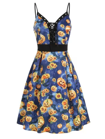 Halloween Pumpkin Sunflower Lace Up Dress