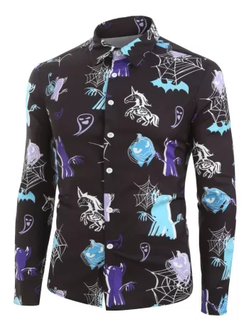 Halloween Pumpkin Unicorn Ghost Print Button Up Long Sleeve Shirt