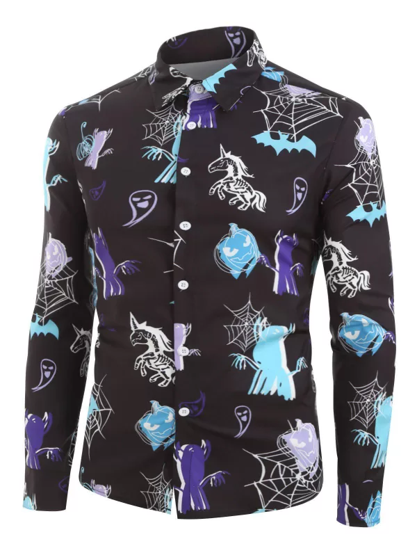 Halloween Pumpkin Unicorn Ghost Print Button Up Long Sleeve Shirt