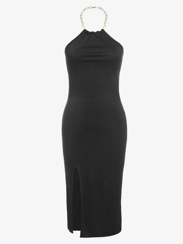 Halter Chain Slit Backless Bodycon Dress