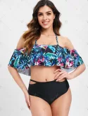 Halter Palm Print High Waist Bikini Set