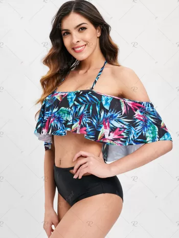 Halter Palm Print High Waist Bikini Set