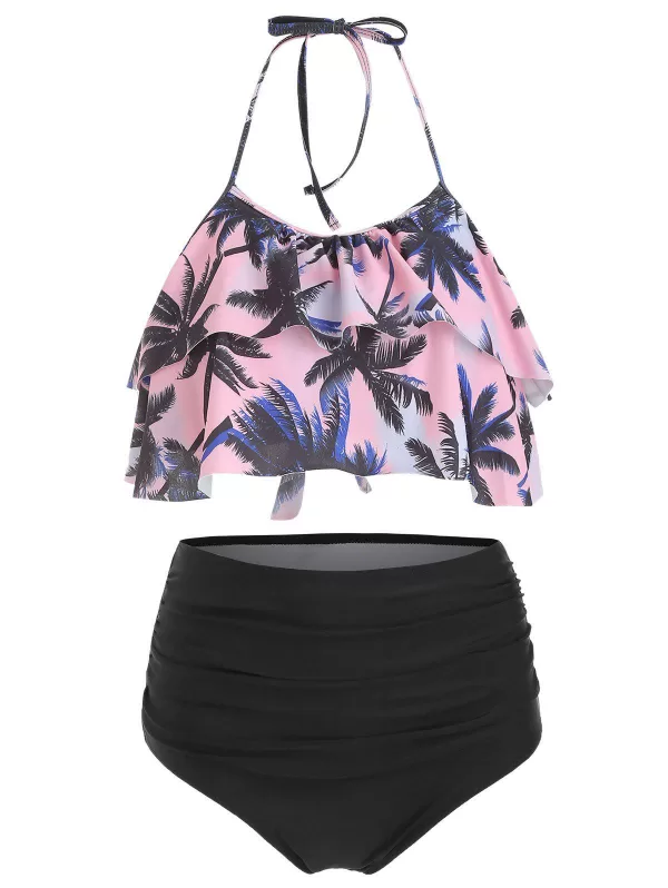 Hawaii Coconut Palm Flounce High Waisted Bikini Set