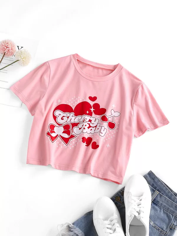 Heart Bowknot Cherry Print T Shirt