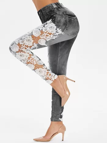 High Rise Applique Panel Sheer Elastic Jeggings