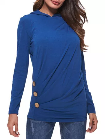 Hooded Button Ruched Long Sleeve T-shirt