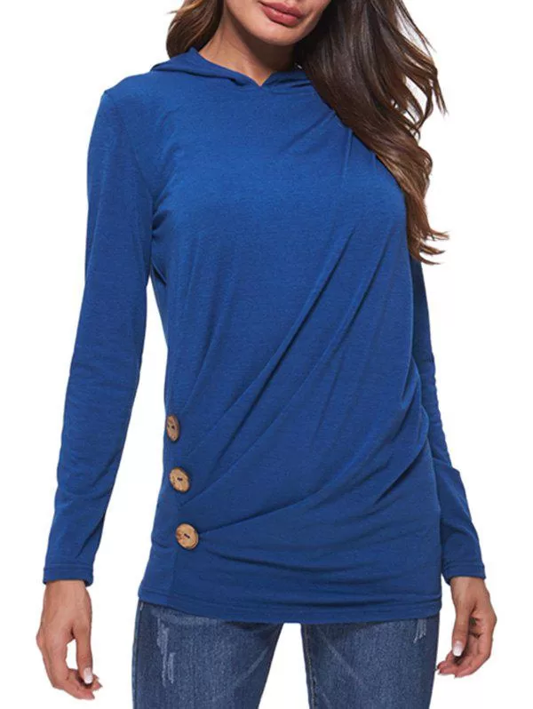 Hooded Button Ruched Long Sleeve T-shirt