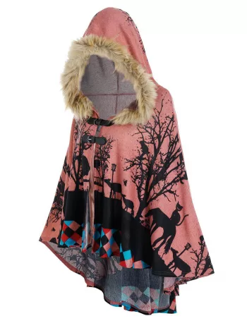Hooded Forest Cat Print High Low Cape