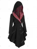 Hooded Plaid Lace Up Asymmetric Coat