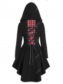 Hooded Plaid Lace Up Asymmetric Coat