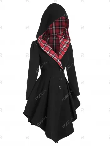 Hooded Plaid Lace Up Asymmetric Coat