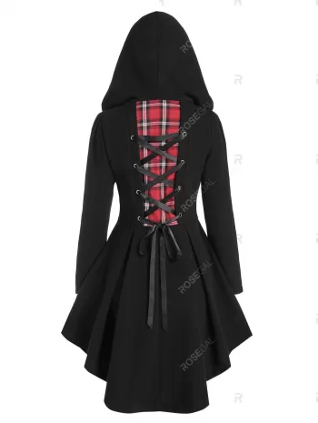 Hooded Plaid Lace Up Asymmetric Coat