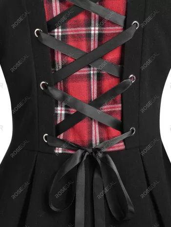 Hooded Plaid Lace Up Asymmetric Coat