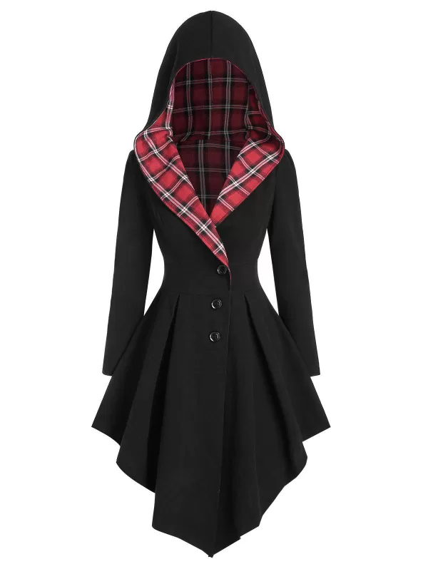Hooded Plaid Lace Up Asymmetric Coat
