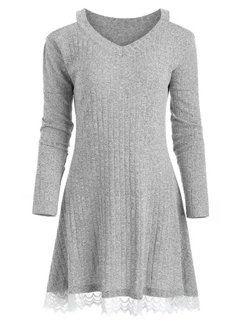 Knit Lace Panel Cold Shoulder Dress