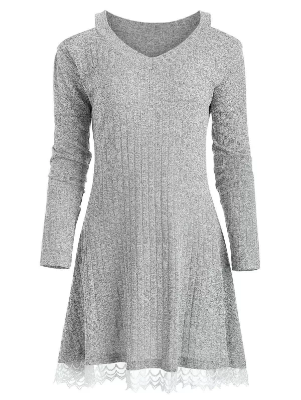 Knit Lace Panel Cold Shoulder Dress