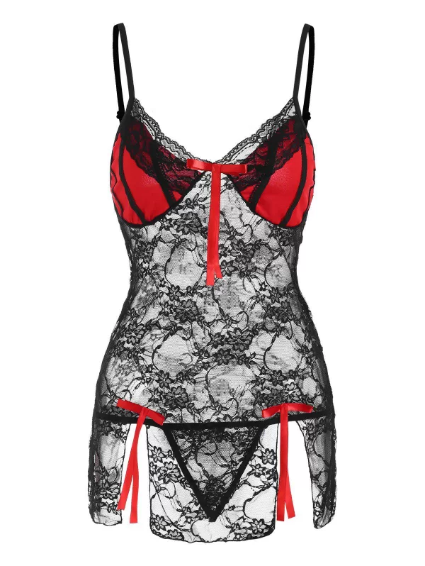 Lace Bowknots Slit Chemise Set