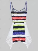 Lace Insert Colorful Striped Print Handkerchief Cami Top