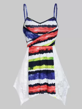 Lace Insert Colorful Striped Print Handkerchief Cami Top