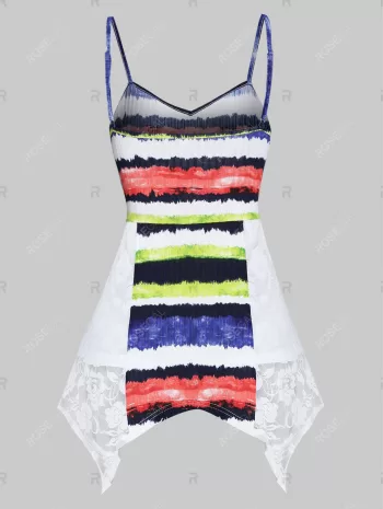 Lace Insert Colorful Striped Print Handkerchief Cami Top