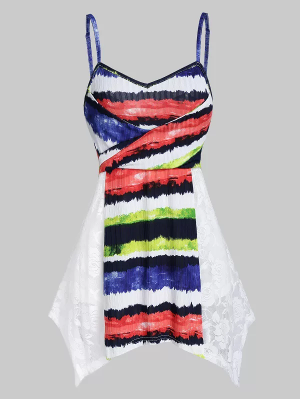 Lace Insert Colorful Striped Print Handkerchief Cami Top